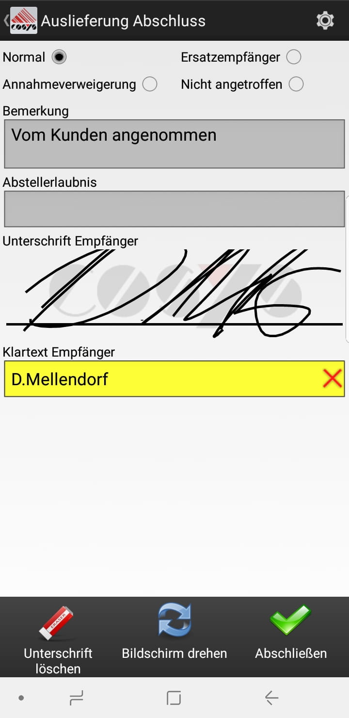 Wareneingang Auswahl Android Software von COSYS