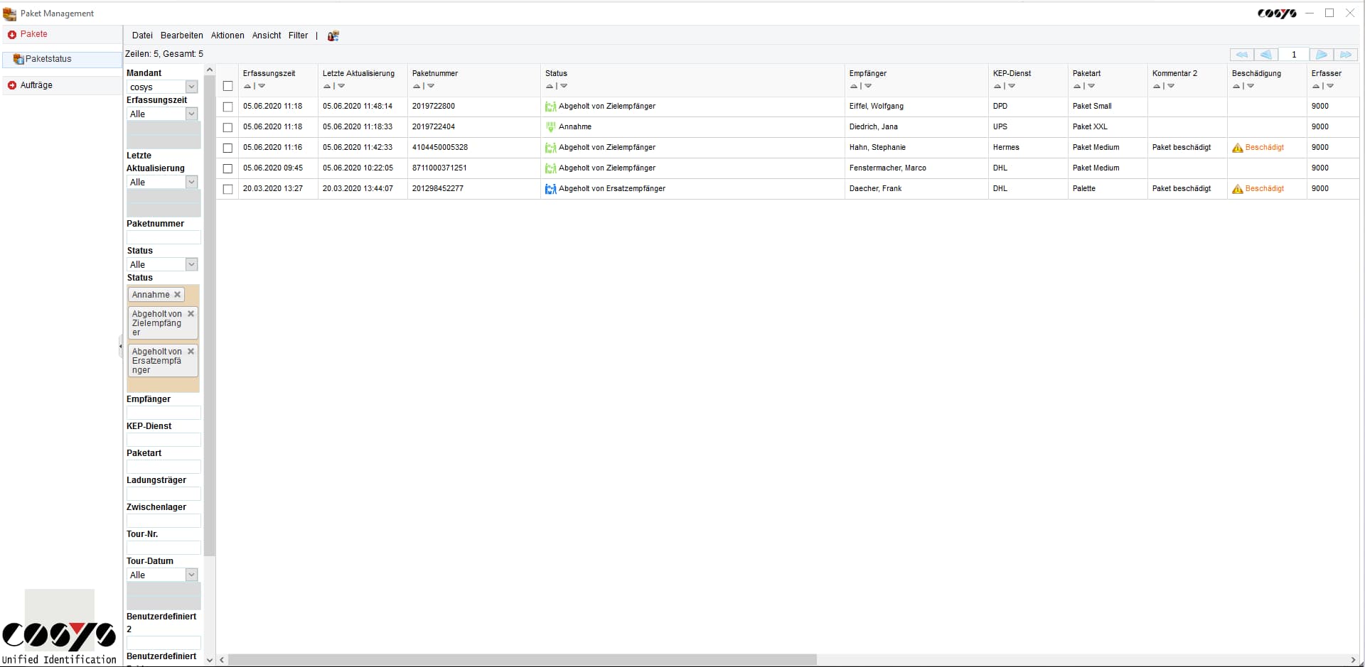 Paketshop COSYS WebDesk Sendungsstatus