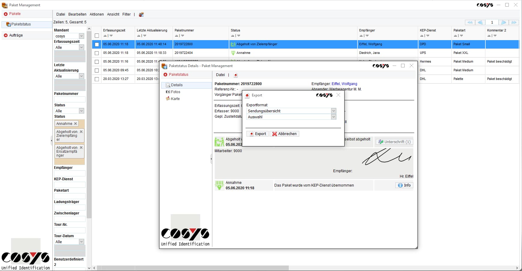 Sendungsstatus COSYS Paket Management