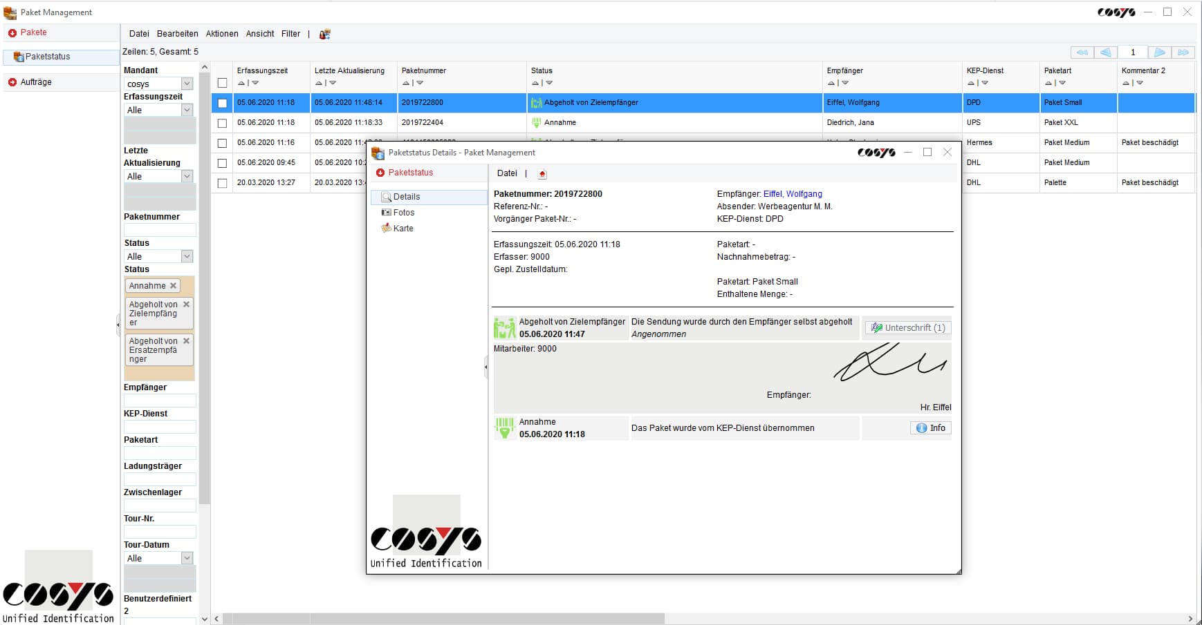 Sendungsstatus COSYS Paket Management