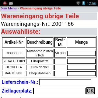 Wareneingang von übrigen Teilen Wareneingang von übrigen Teilen