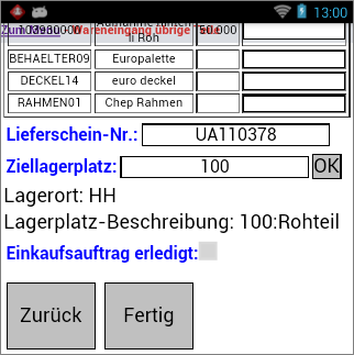 Wareneingang von übrigen Teilen Wareneingang von übrigen Teilen