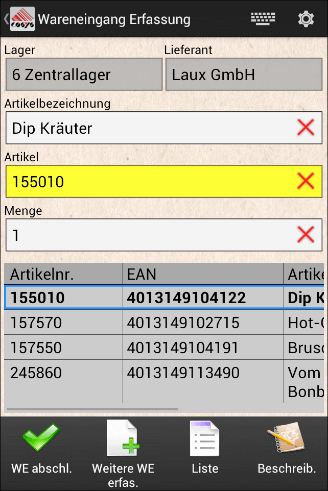 Wareneingang Small Warehouse Android Software von COSYS