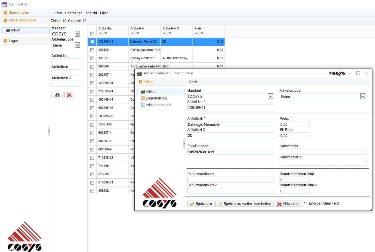 COSYS WebDesk Artikelstammdaten COSYS WebDesk Artikelstammdaten
