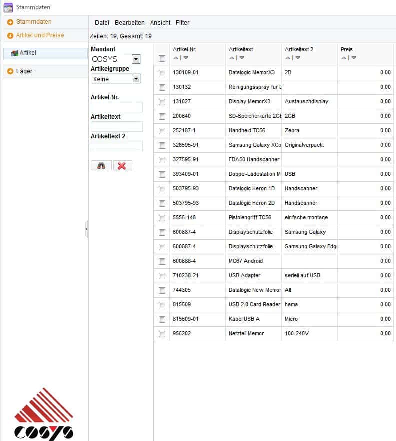 COSYS WebDesk Artikelstammdaten COSYS WebDesk Artikelstammdaten