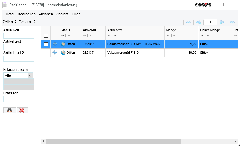 Kommissionierung Backend - Übersicht Positionen
