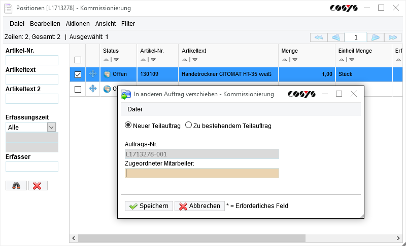 Kommissionierung Backend - Positionen verschieben