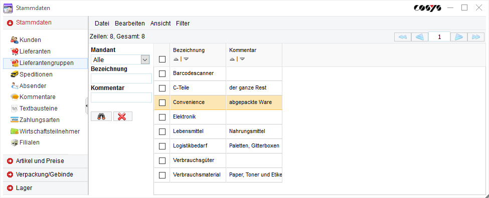 Stammdaten Lieferantengruppen