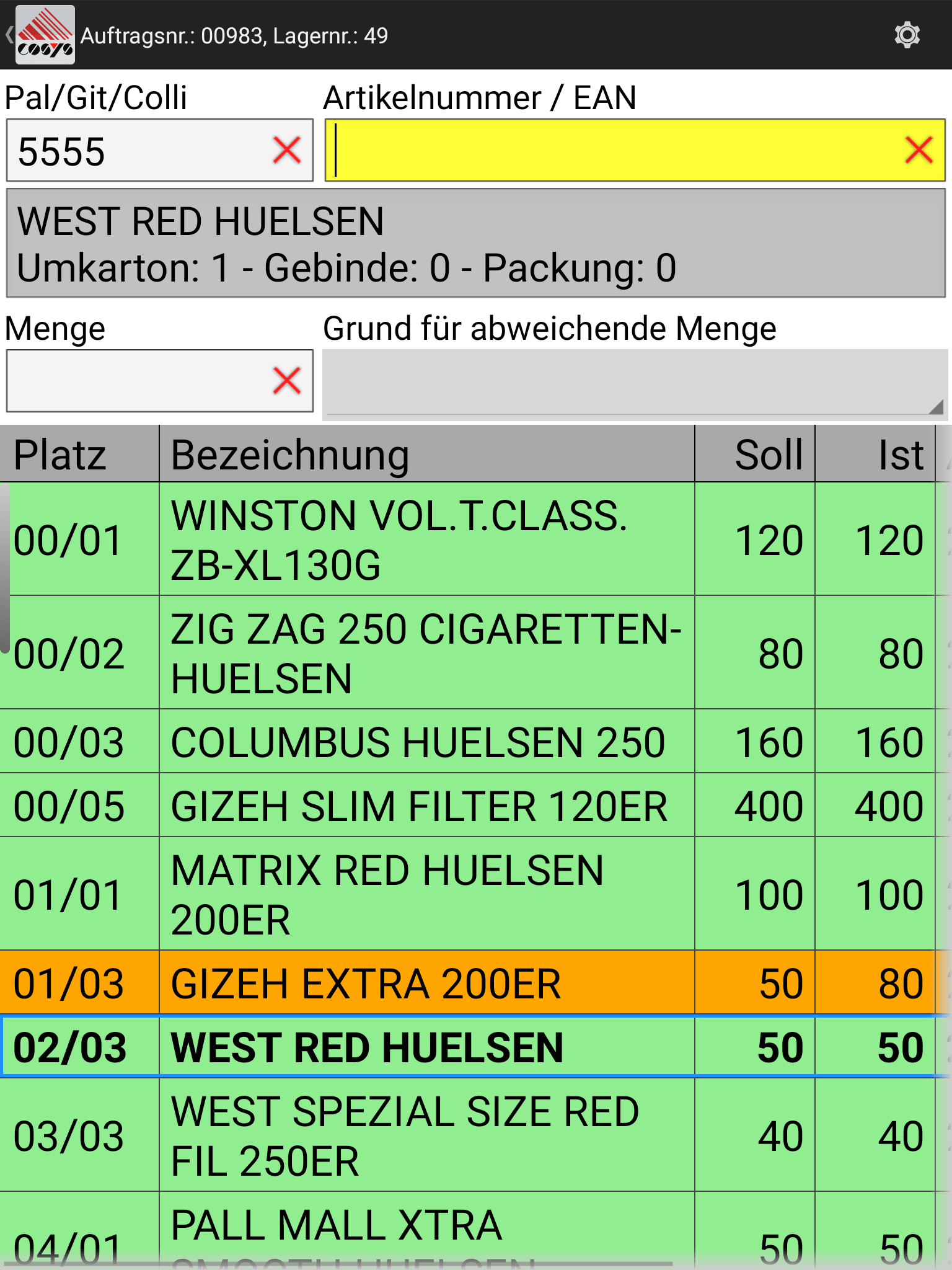 Artikelpositionen Software Kommissionierung