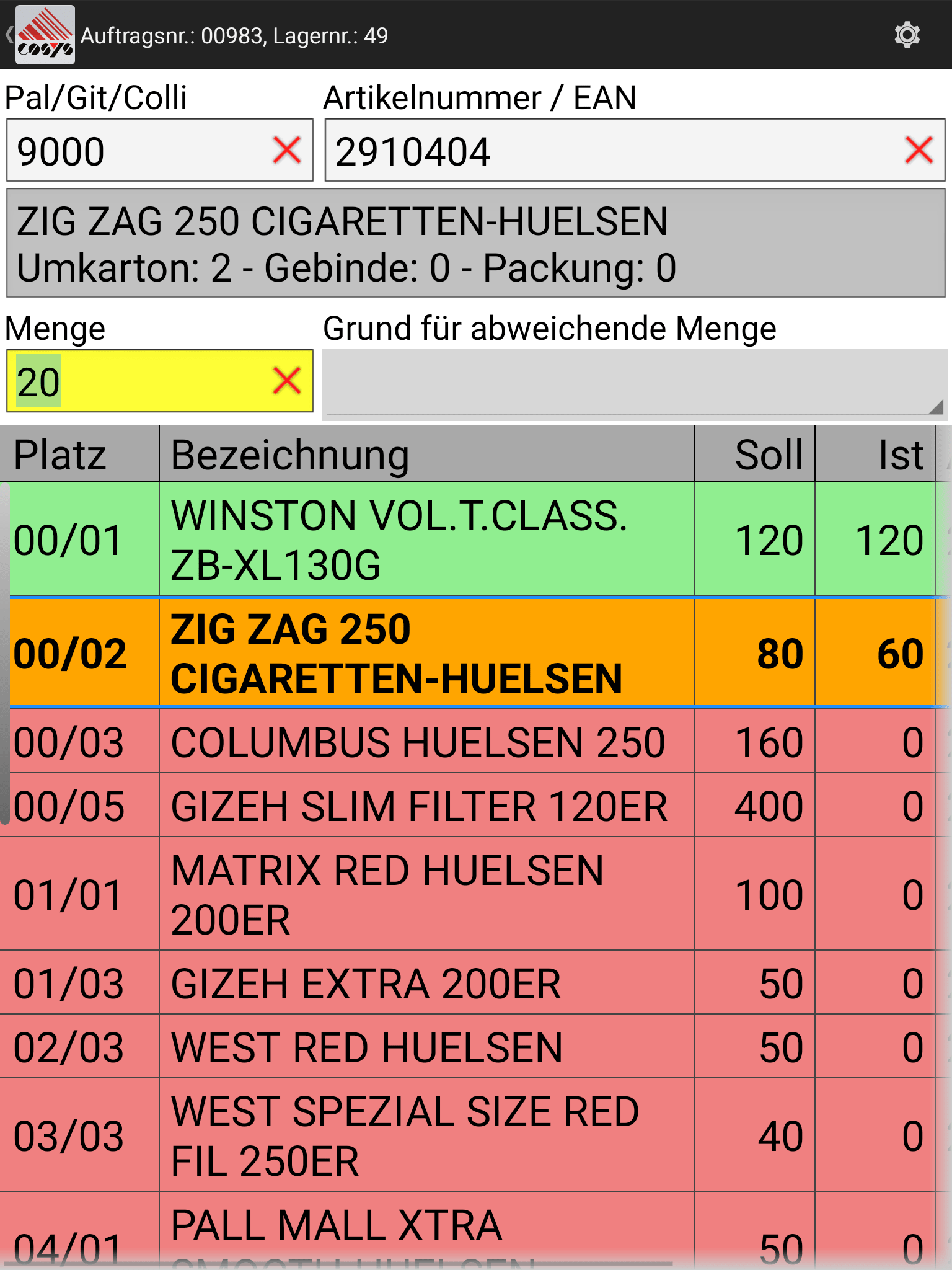 Positionsstatus Handsfree Kommissionierung Software