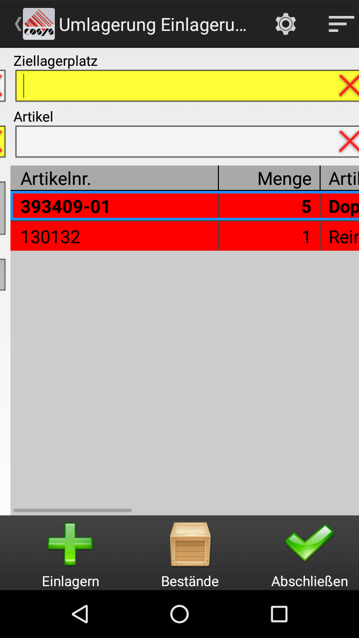 Umlagerung Artikel bearbeiten Android Software von COSYS